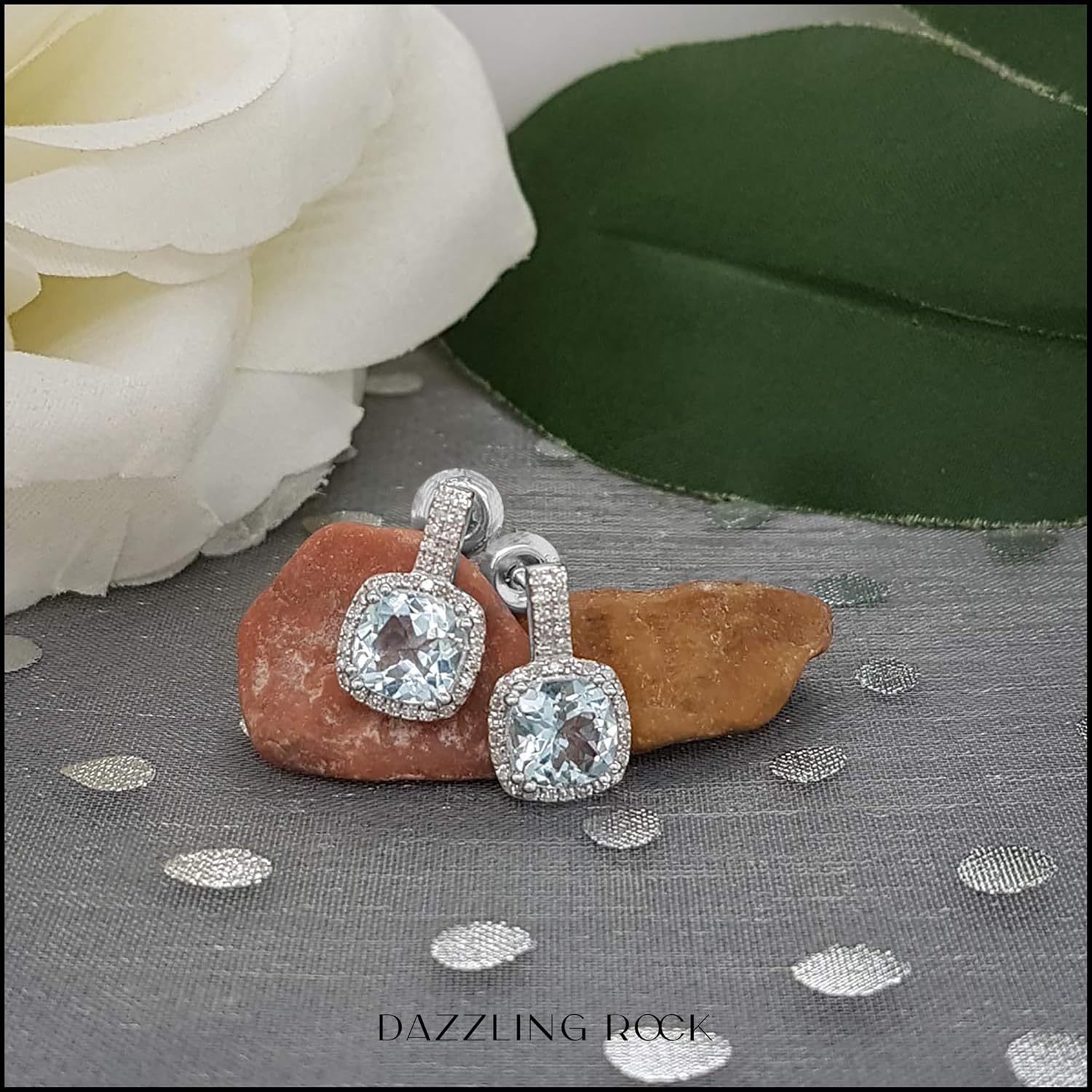 Dazzlingrock Collection 7 MM Cushion Gemstone & Round White Natural Diamond Ladies Drop Earrings, Sterling Silver - Image 3
