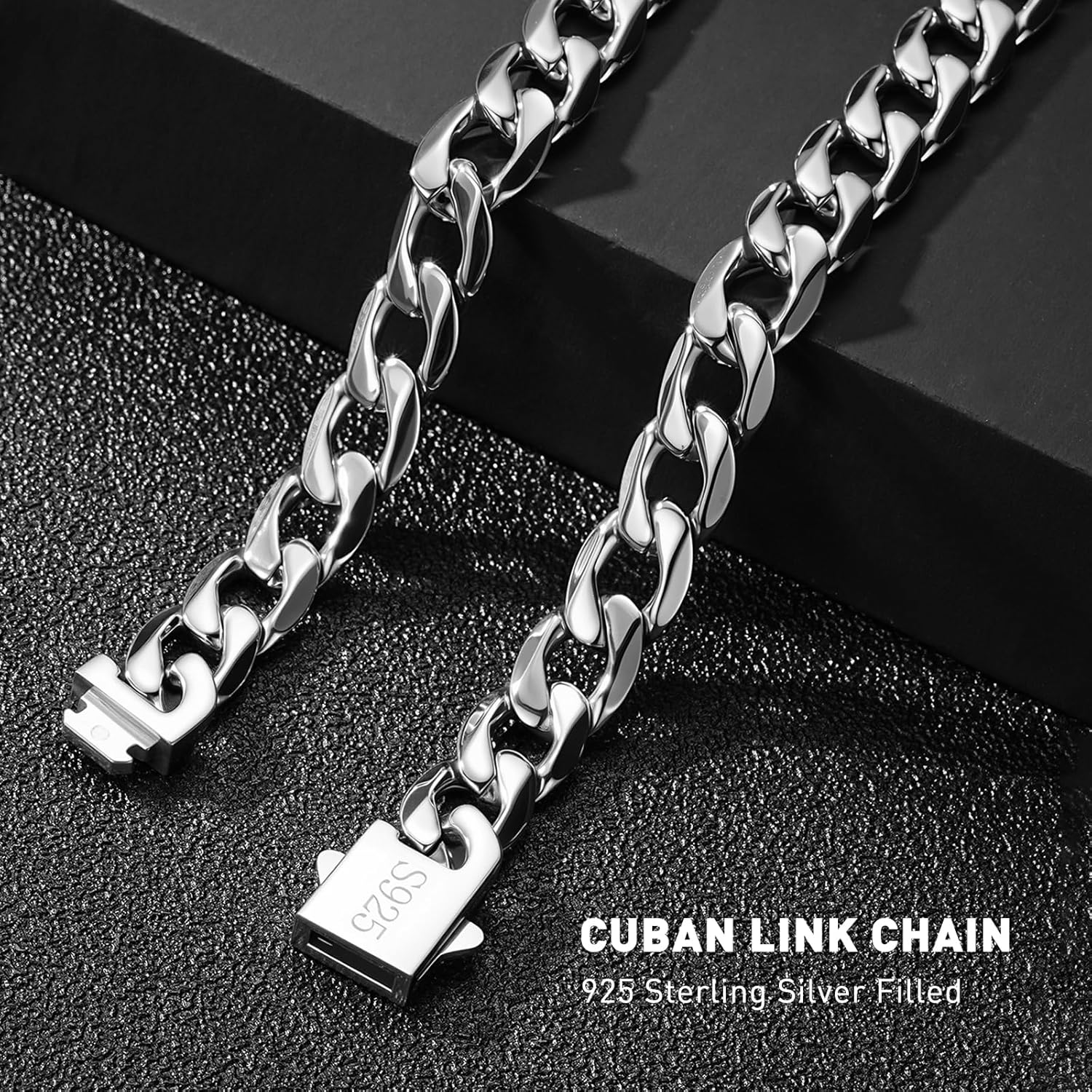 11MM Cuban Link Chain for Men Silver Chains for Men, 316L Stainless Steel and 925 Sterling Silver Filled, Sliver Mens Chain, Available In 20/22/24/26/28/30 Inches, Black Silver Mens Necklaces - Image 3