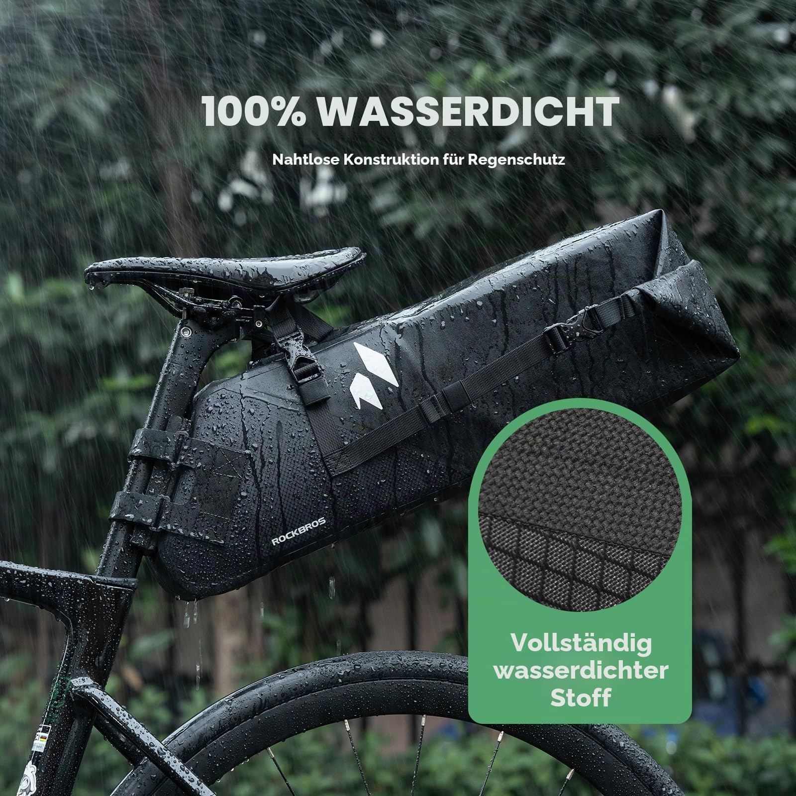 ROCKBROS Bikepacking Satteltasche 13L Wasserdicht, Fahrradtasche Sattel mit Halterung, Fahrrad Sitztasche aus Polyester, Reflektierender, für Rennrad, MTB und Gravelbike