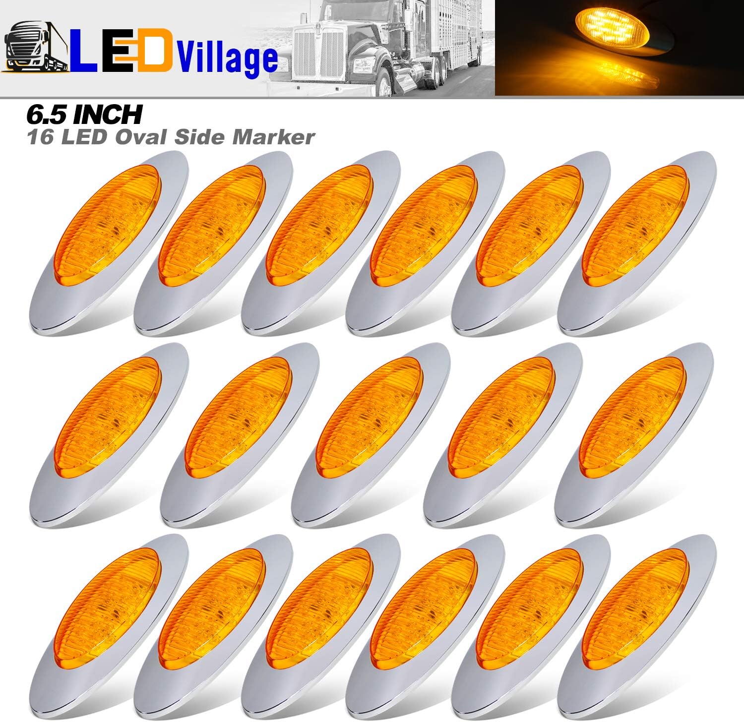 17 Pcs 6.5” Oval LED Amber Side Marker Lights 16LED Clearance Lights with Chrome Bezel Replacement 12V DC for Truck Peterbilt Kenworth Freightliner