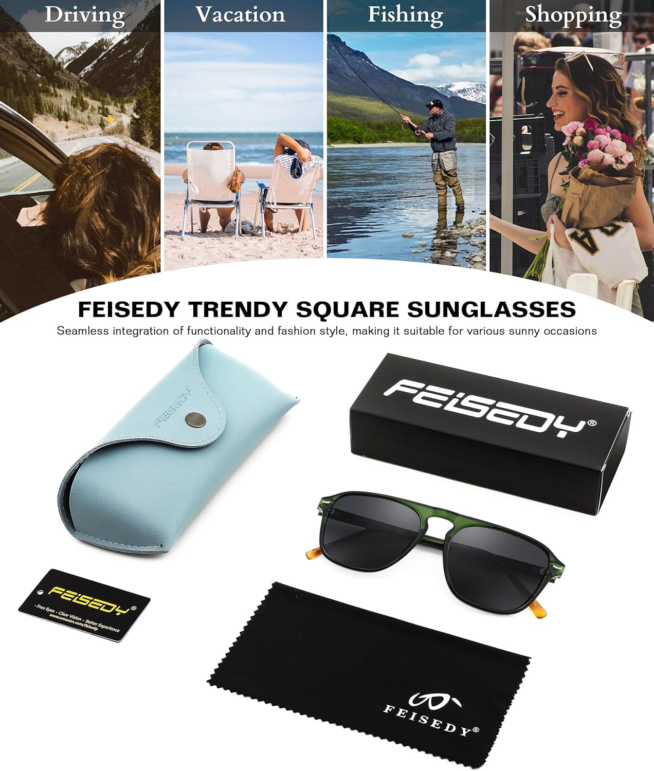 FEISEDY Polarized Aviator Mens Sunglasses Square Modern Women Vintage Style Acetate Frame UV400 B0191 - Image 8