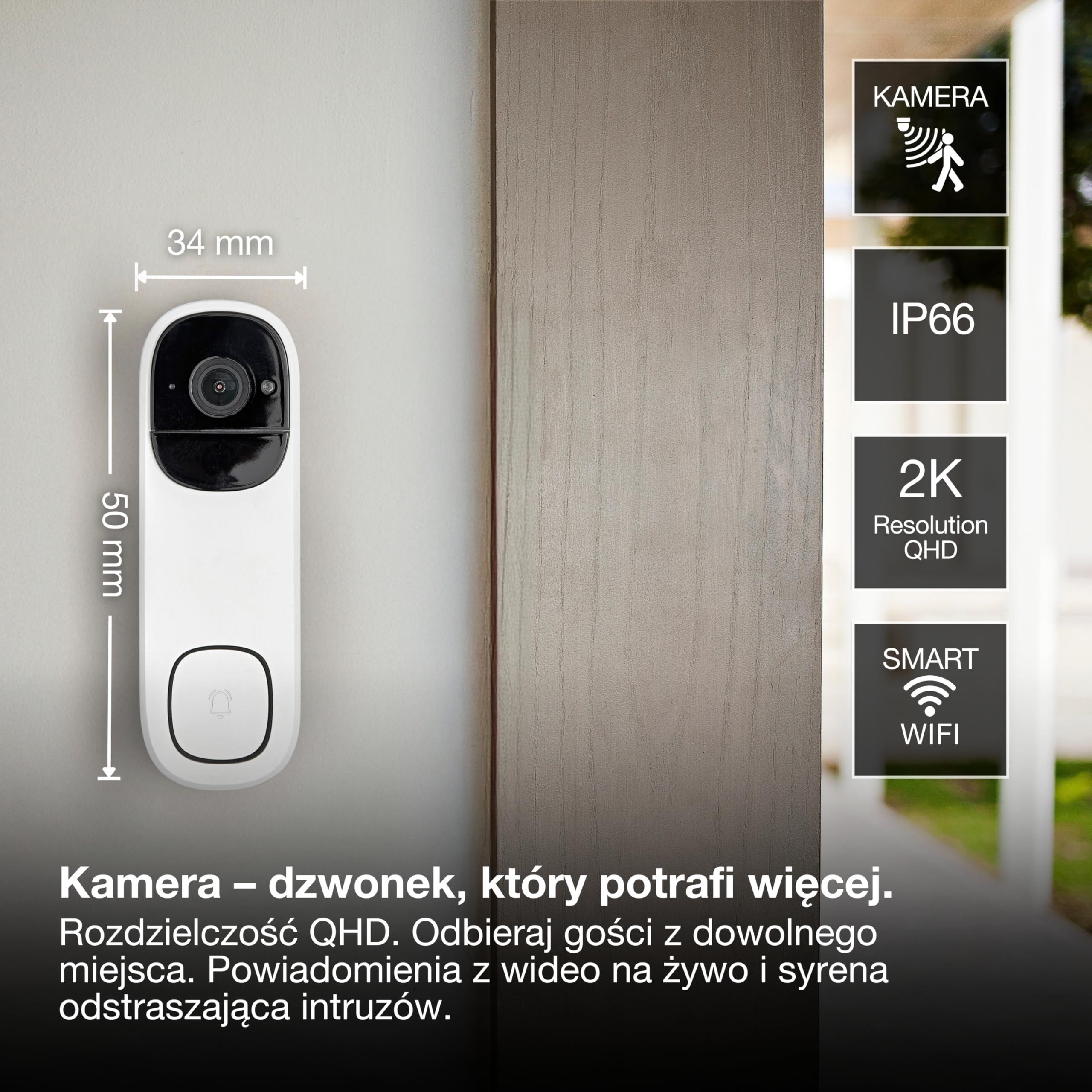 OSRAM SMART+ WiFi 3MP Dzwonek wideo 2K Bateria IP66 Biały Dzwonek wideo SMART+ Wi-Fi 3 MP 2K, czujnik PIR, bateria 5200 mAh, dzwonek, kąt widzenia 160°, kompatybilny z Alexa, biały | Smart + WiFi kamera zewnętrzna do drzwi, akcesoria do oświetlenia zewnęt