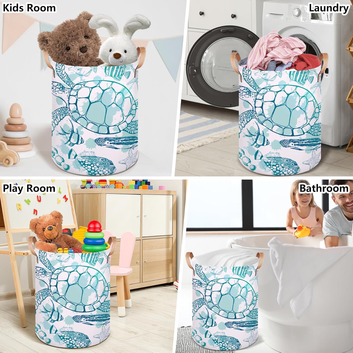 Large Laundry Hamper Basket Ocean Theme Round Freestanding Clothes Basket, Sea Turtle Collapsible Storage Organizer Bin with Leather Handles for Dirty Clothes Toys, Nursery Home Storage 16"W x 20"H