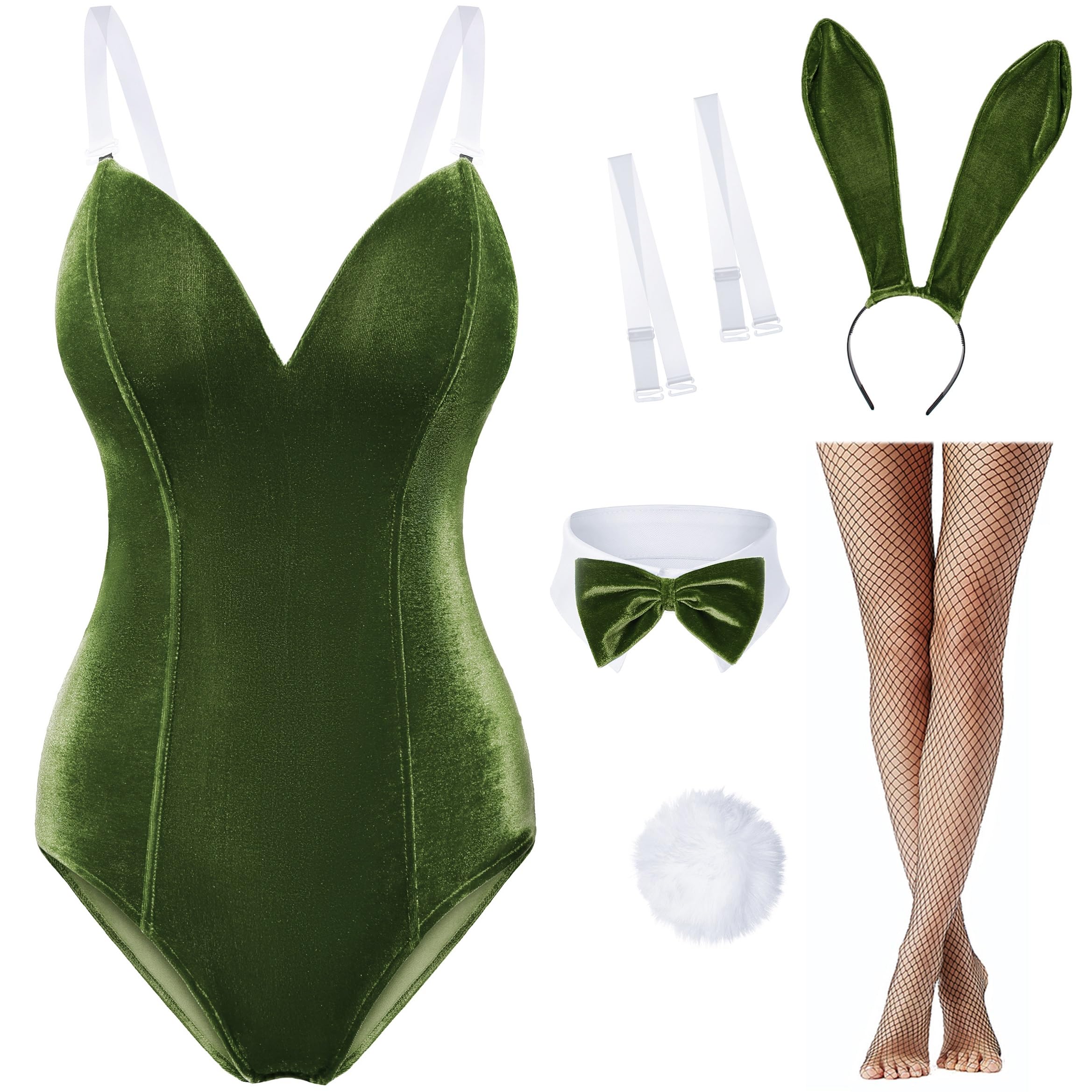 Photo 1 of **MISSING SHOULDER STRAPS & FISHNET STOCKINGS*** Women Velvet Bunny Costume Bunny Girl Suit Costume Senpai Cosplay One Piece Bodysuit Stockings Set(JGreen S)