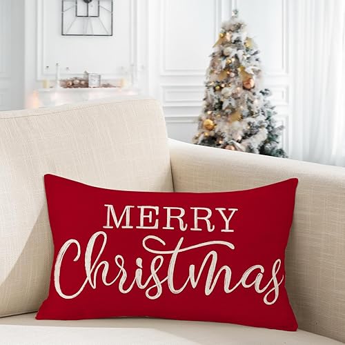 Miniatura 5 de Funda de almohada lumbar roja de 12 x 20 pulgadas para decoraciones de Navidad, fundas de almohada de Feliz Navidad, fundas de cojín de invierno