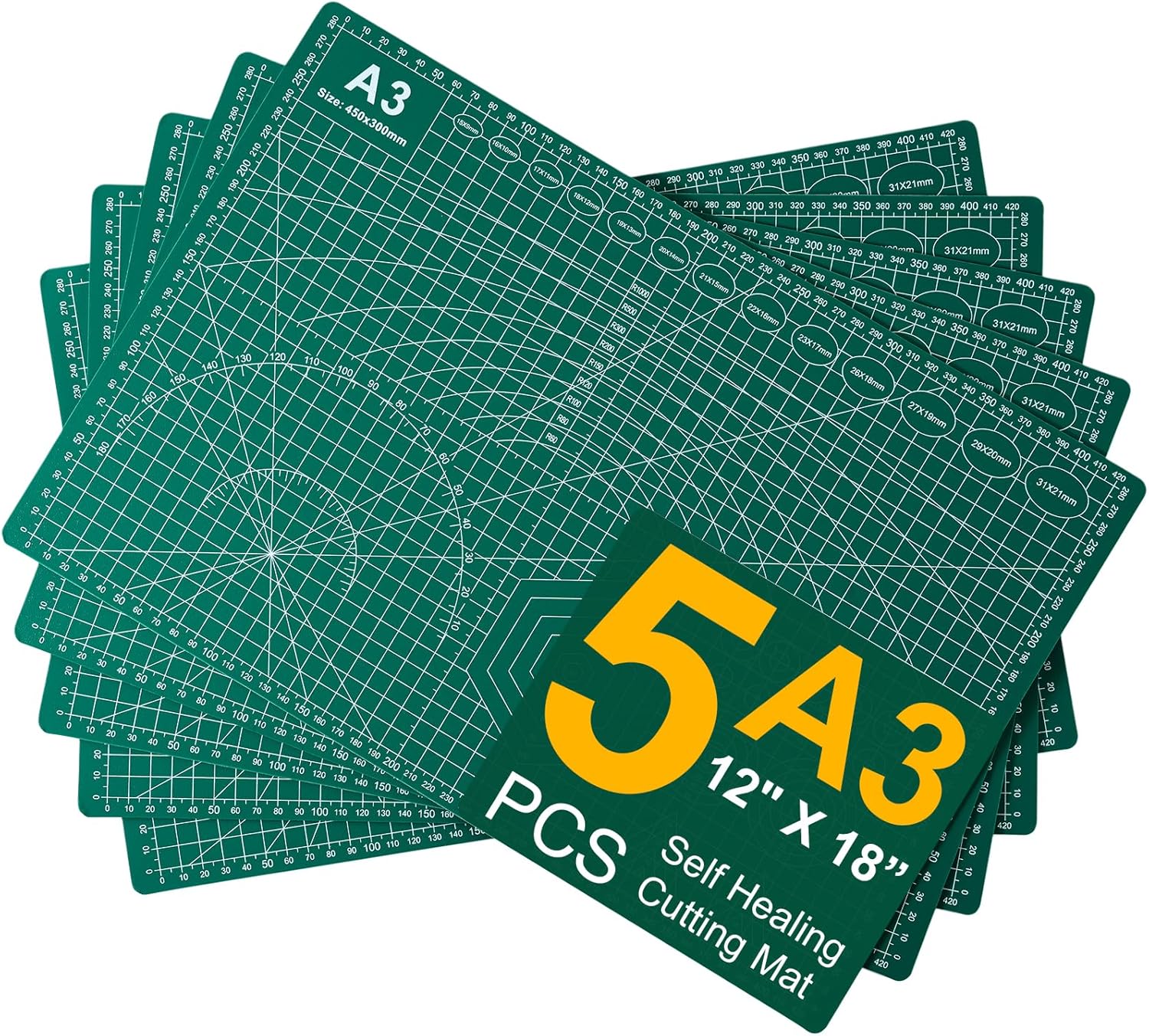 A3 Self Healing Cutting Mat Set, 5 Pack Double-Sided PVC Cutting Mats for Crafts with Inch, Metric, and Angle Guides for Sewing, Quilting, and DIY Cutting