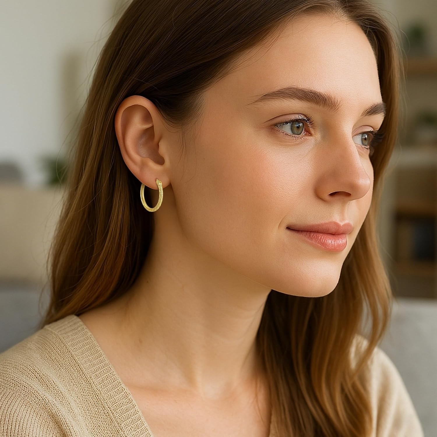 14K Gold Earrings, Gold Hoop Earrings for Women, Engraved Dainty Gold Earrings, 14K Gold Plated 925 Sterling Silver, 12mm/20mm/25mm/35mm