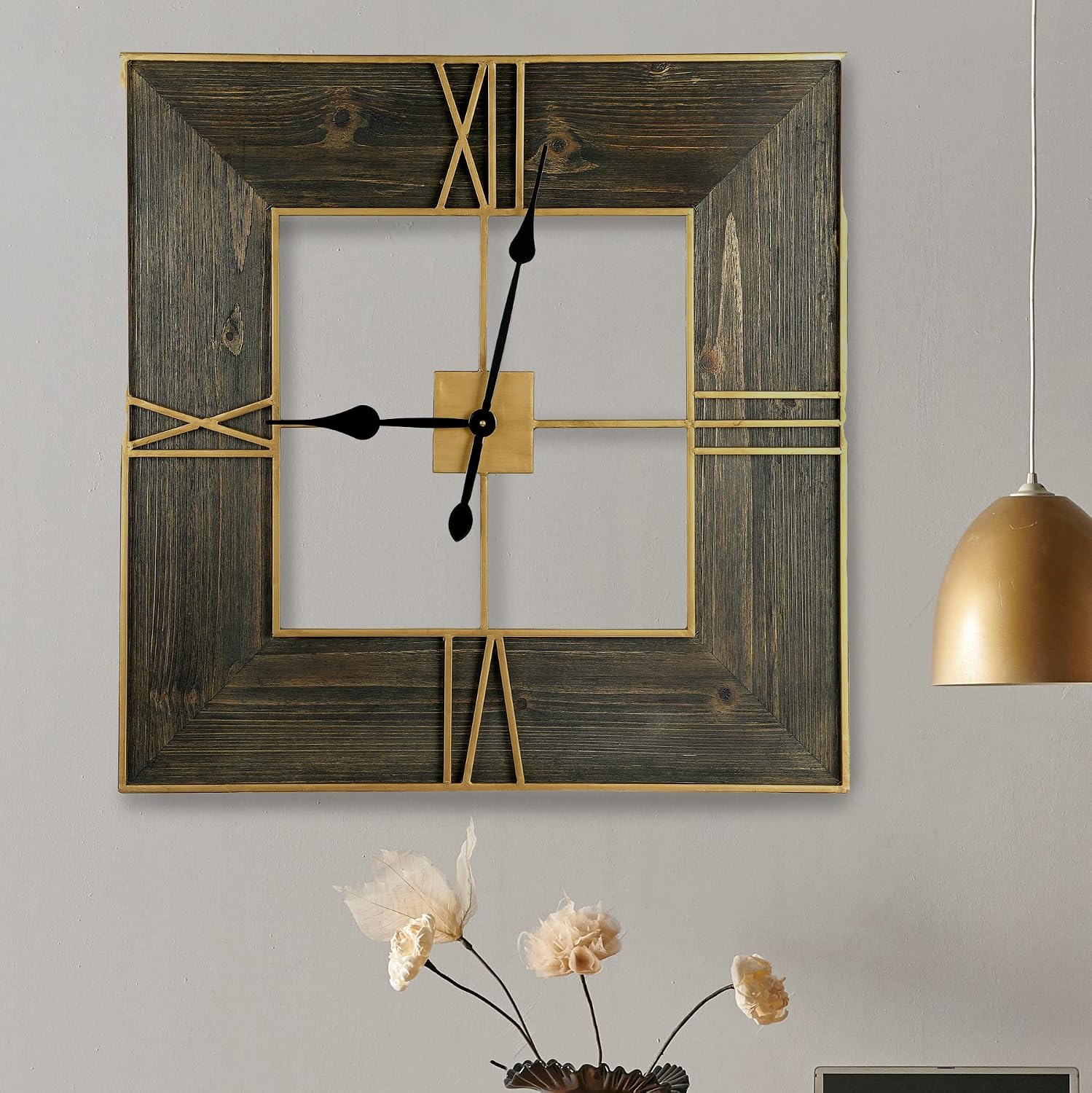Creative Co-Op 30 Inch Square Wall Clock with Wood Finish and Gold Trim