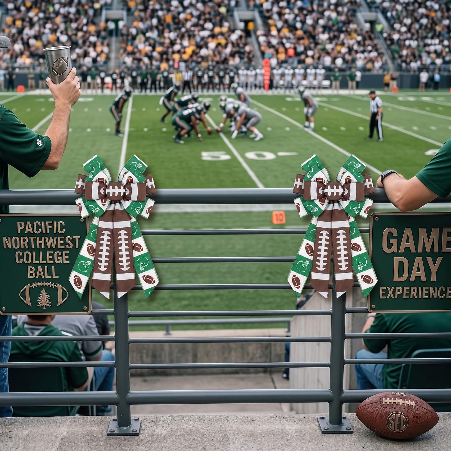 Large Football Wreath Bow, Brown Green Rugby Bow