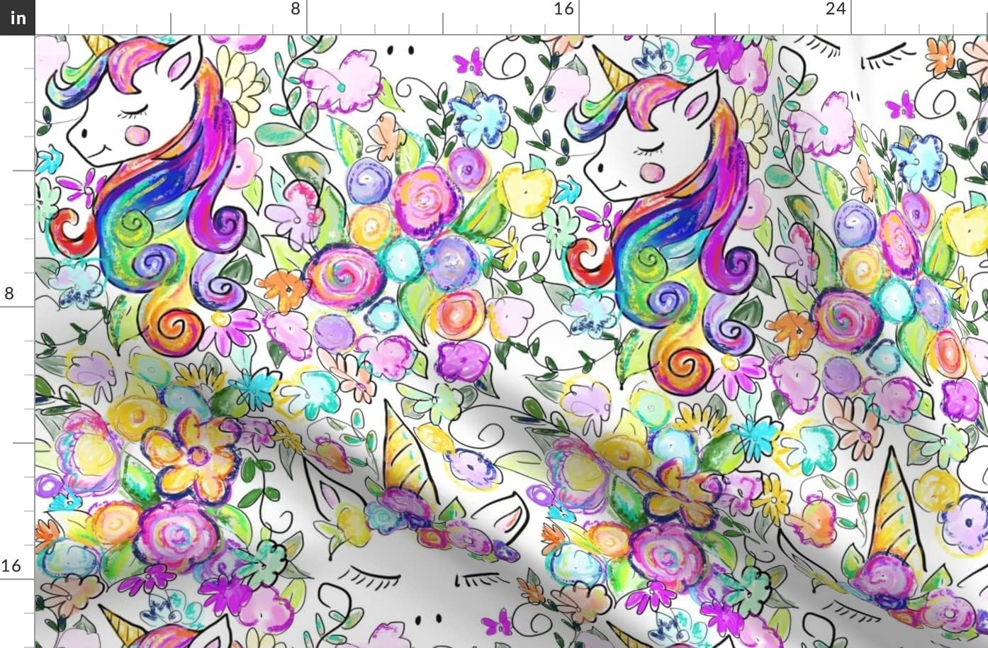 Spoonflower Fabric - Rainbow Unicorns Flowers Unicorn Print Colorful Girls Room Drawing Printed on Organic Cotton Sateen Fabric by The Yard - Sewing Quilting Apparel Home Decor