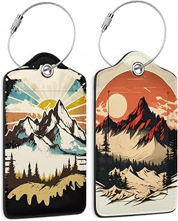 2 Pack Leather Luggage Tag for Suitcase Vintage Sunset Mountain Unique Travel Tags with Privacy Cover ID Label & Stainless Steel Loop for Men and Women Baggage