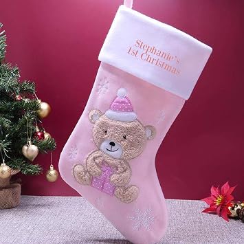 Personalised Baby's 1st Christmas Bear Stocking Embroidered with Name Sentimental Keepsake Gift Baby Blue Xmas Stocking Baby Pink Luxury Christmas Decoration (Teddy with Present, Baby Pink)