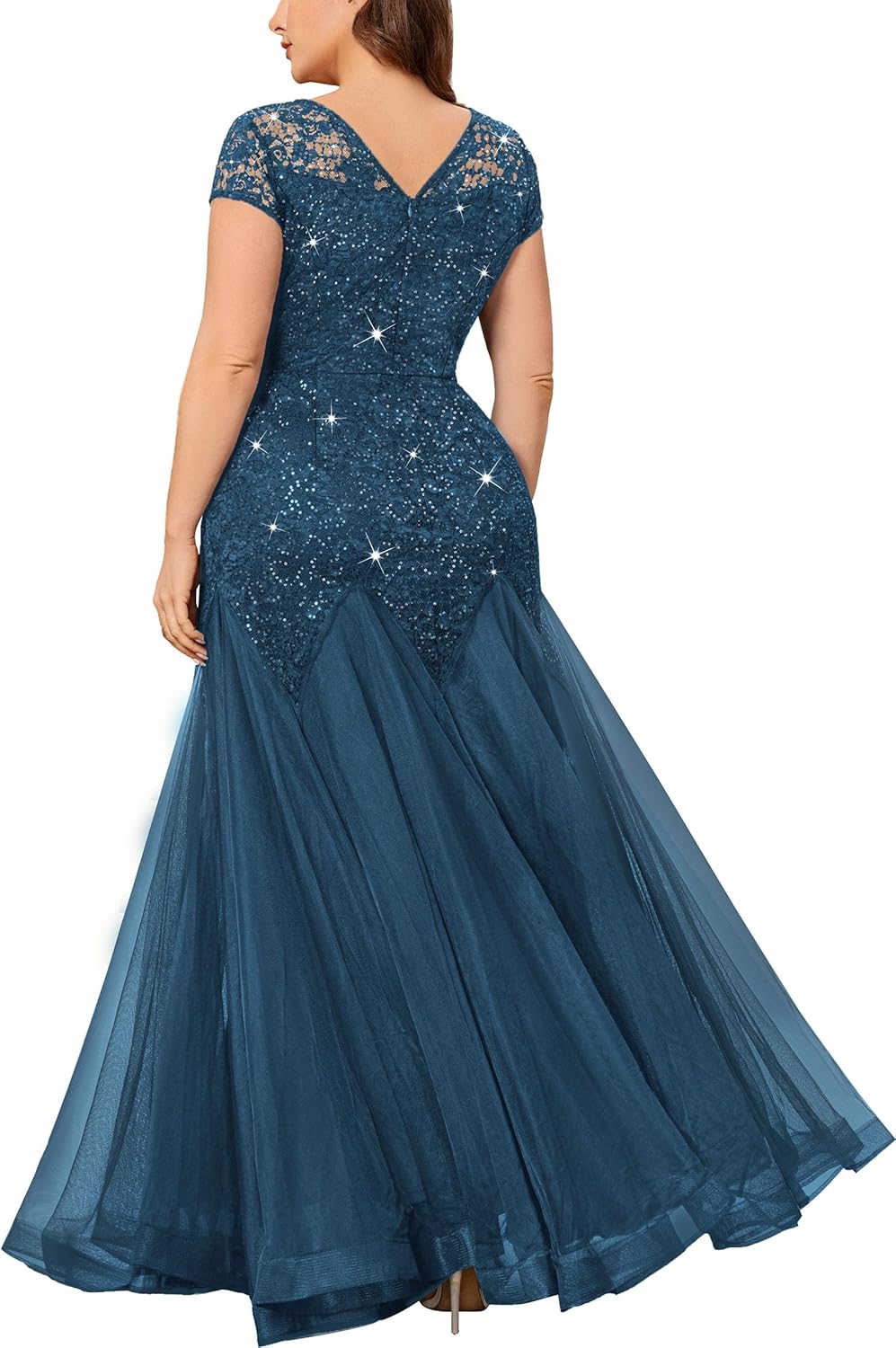 MISSMAY Women's Plus Size Sequin Lace Cut Out Tulle Mermaid Formal Bodycon Evening Maxi Dress - Image 2