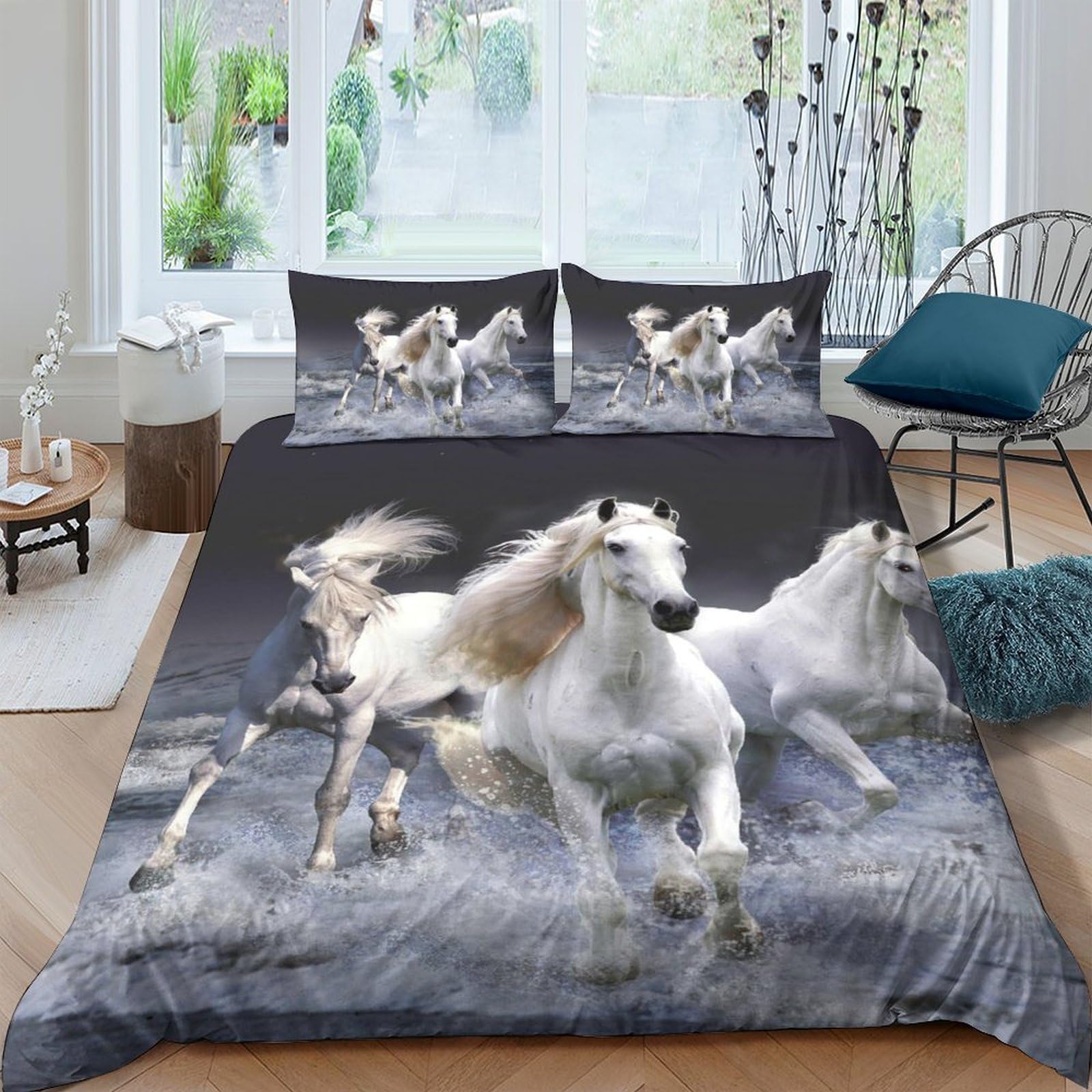 Ctjqhvkz Style-7 3D Printed White Running Horses Fitted Sheet Microfiber Soft Breathable Wild Stallion Mattress Cover Bedroom Decor Single（135X200cm）
