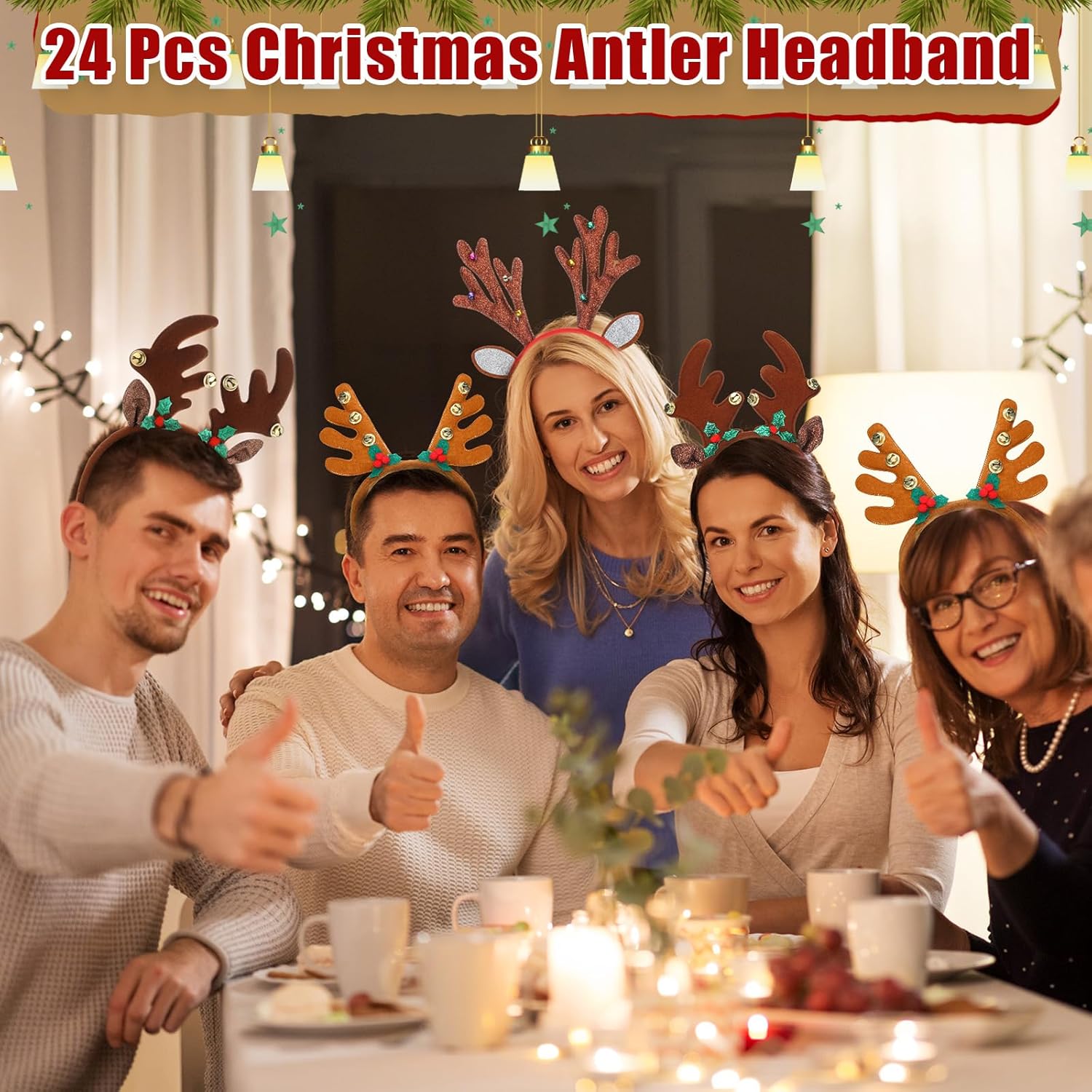 Riceshoot 24 Pcs Christmas Antler Headband Reindeer Headband Deer Plush Ear Antler Hair Hoop Beauty Accessory for Xmas Party