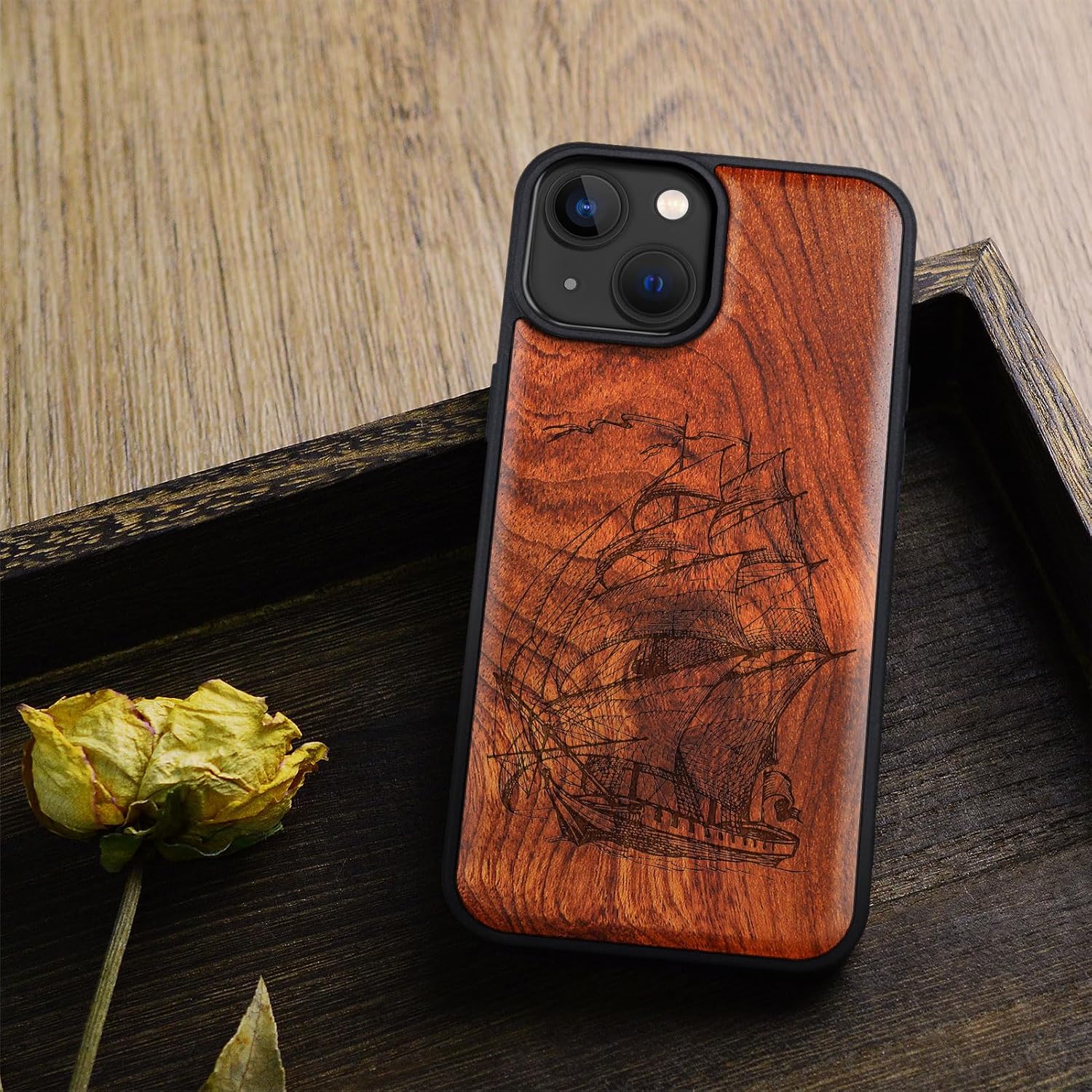 Carveit Magnetic Wooden Case for iPhone 15 Case, Compatible with MagSafe Wireless Chargers, Black Soft TPU Shockproof Cover & Wood Artisan Engraved (Pirate Ship) - Rosy