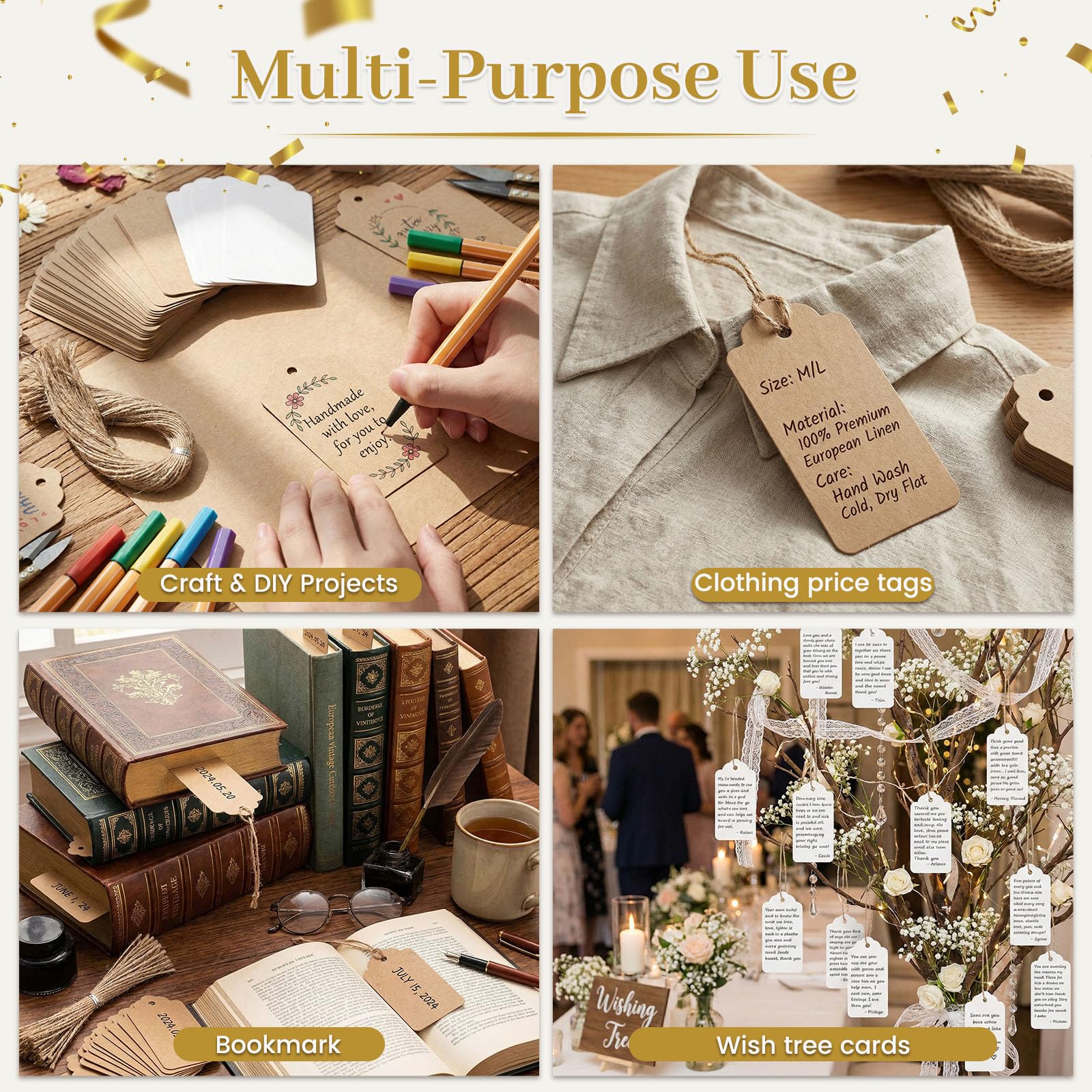 SallyFashion Etiquetas de papel kraft, 200 etiquetas de regalo de papel kraft, etiquetas colgantes para manualidades con 200 raíces de yute natural gratis para regalos, artes y manualidades, bodas,