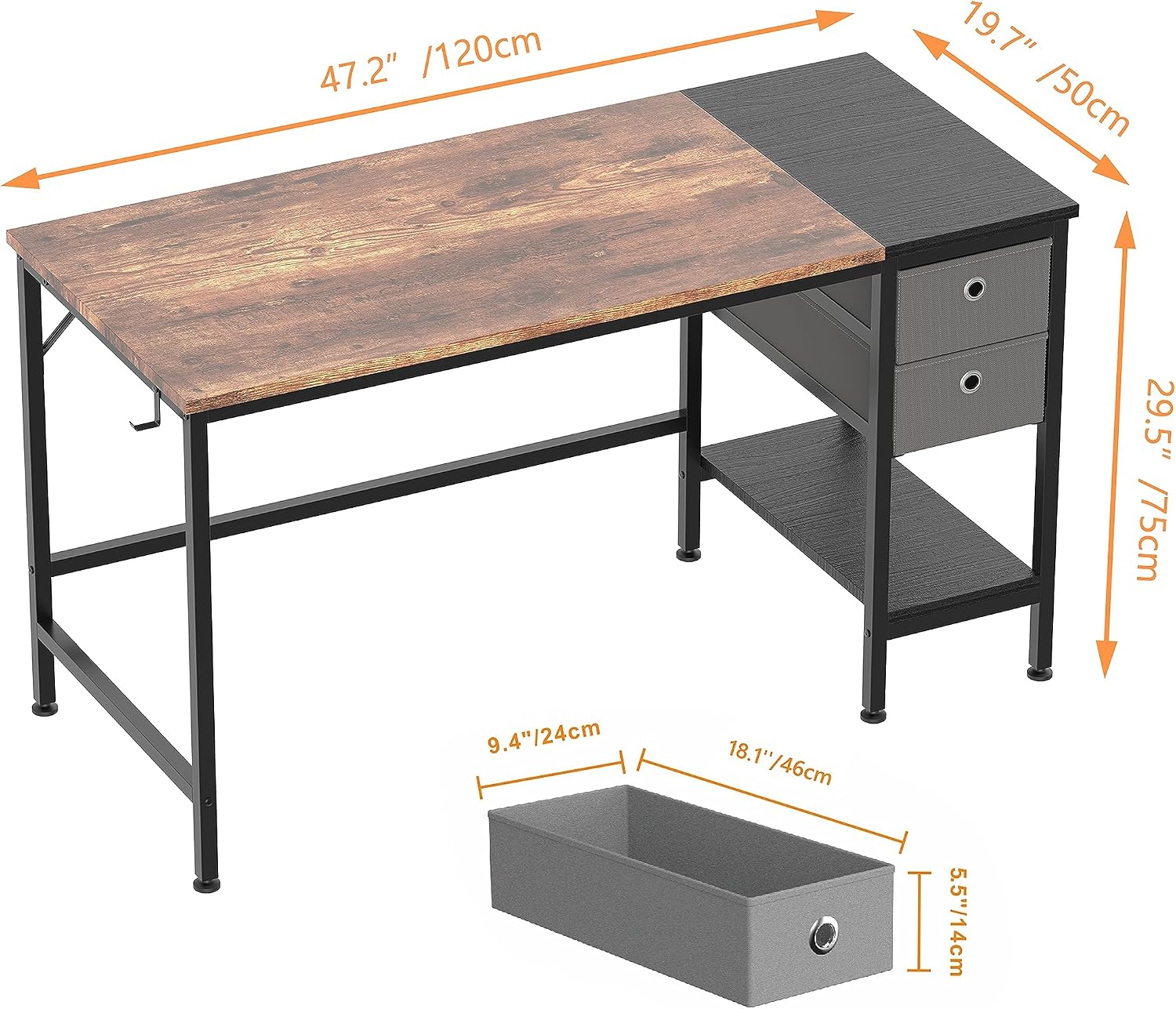 Diagram showing the dimensions of the HOMIDEC Computer Desk and its fabric drawer
