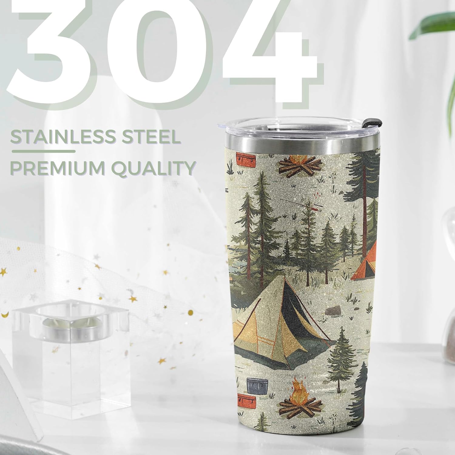 Onebttl Camping Gifts for Women, Men, Cool 20oz Stainless Steel Skinny Tumbler with Lid & Straw, Unique Gift for Camping Lovers - All-over Print