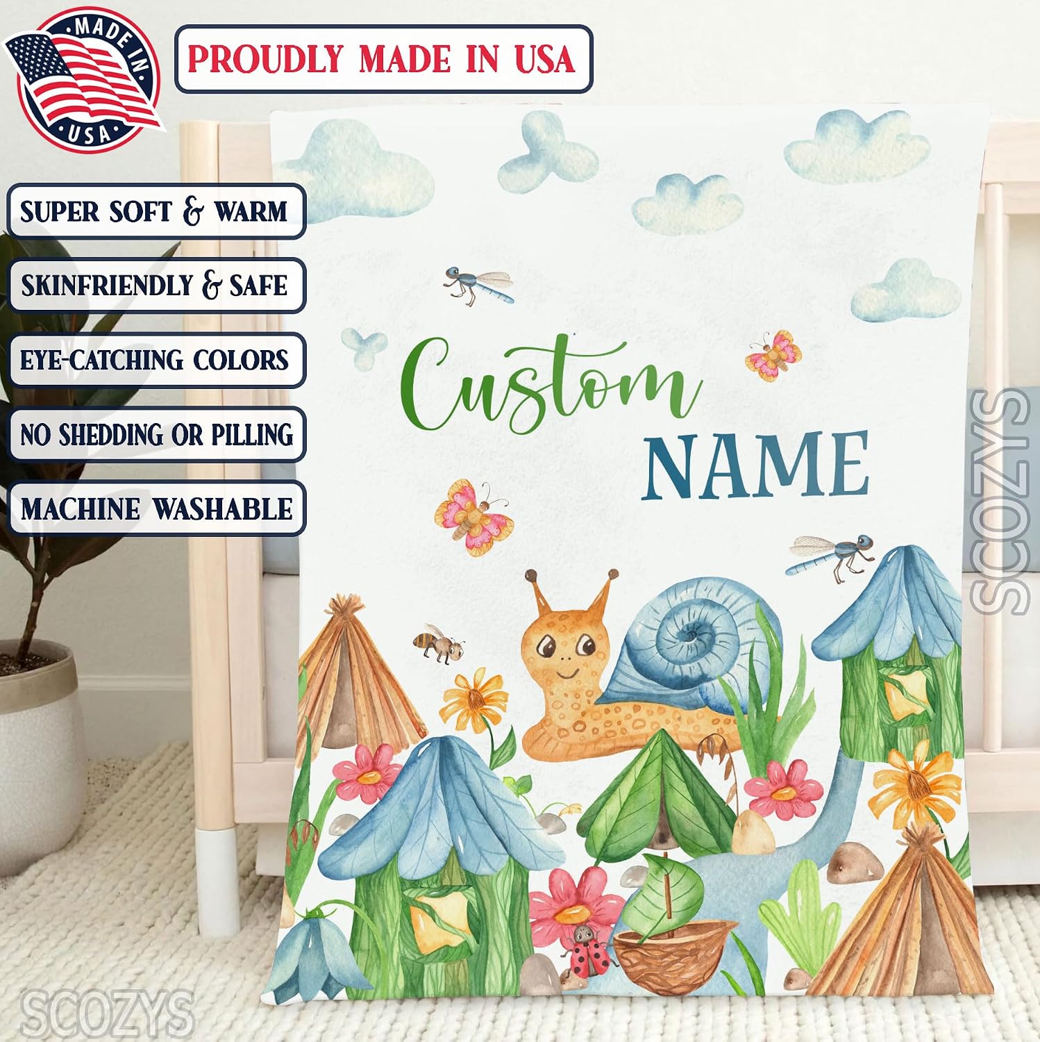 Personalized Snail Garden Baby Blanket, Butterfly Baby Nursery Bedding Blanket, Custom Garden Baby Receiving Blanket, Garden Bedding Crib Nursery Decor