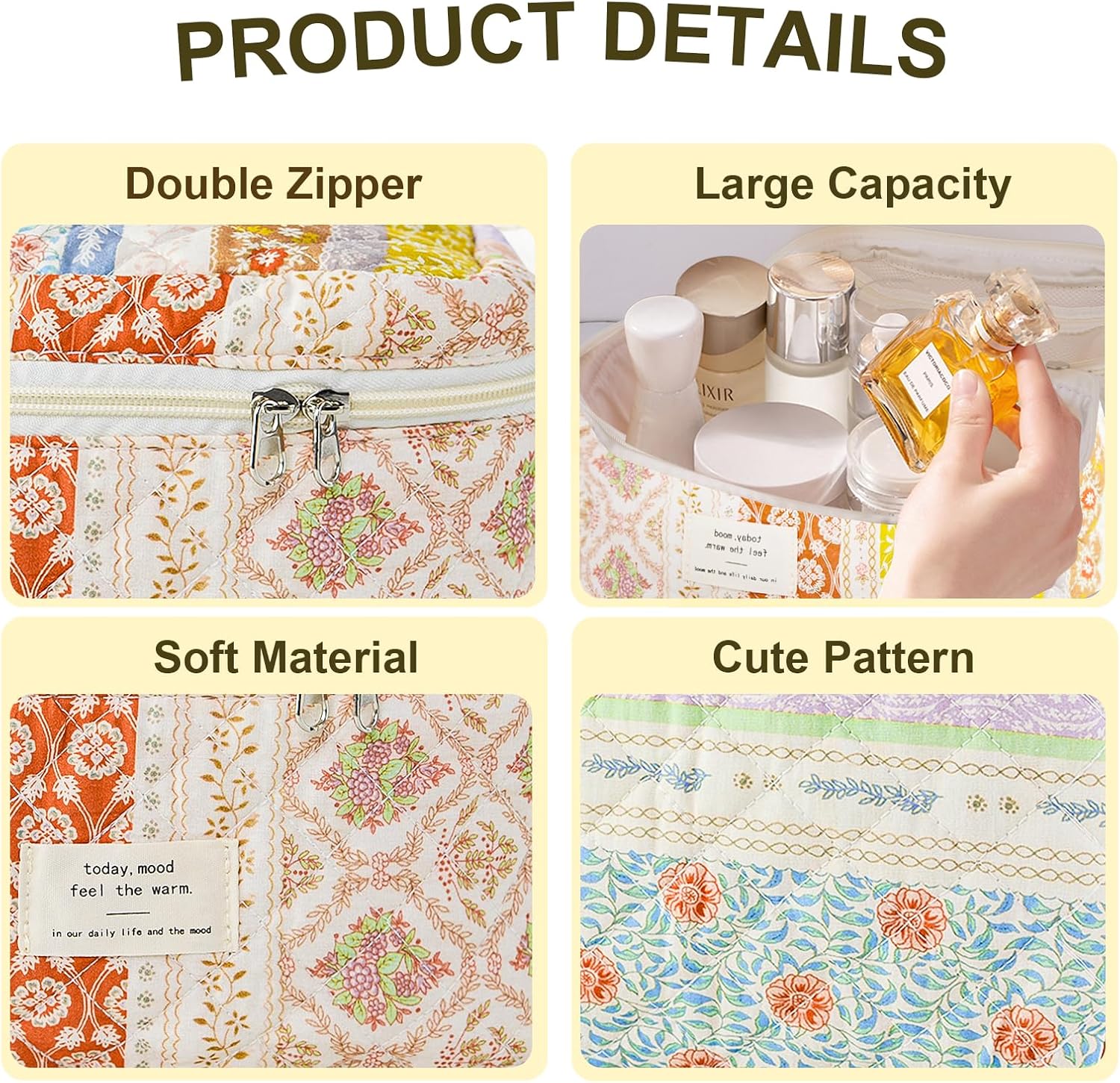 GISMTR 3Pcs Makeup Bag Cotton Quilted Travel Cosmetic Bag Cute Floral Makeup Pouch Large Toiletry Bag for Women Girls (Flower stitching)