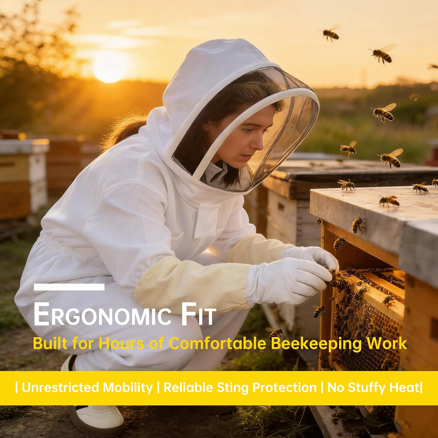 Full Body Beekeeper Suit, Sting Proof Bee Suit with Fencing Veil, Gloves & 2 Nylon Storage Bags, Lightweight Beekeeping Outfit for Backyard Beginner Hobbyist, Unisex, White XXL, Fits 5'11"-6'7"