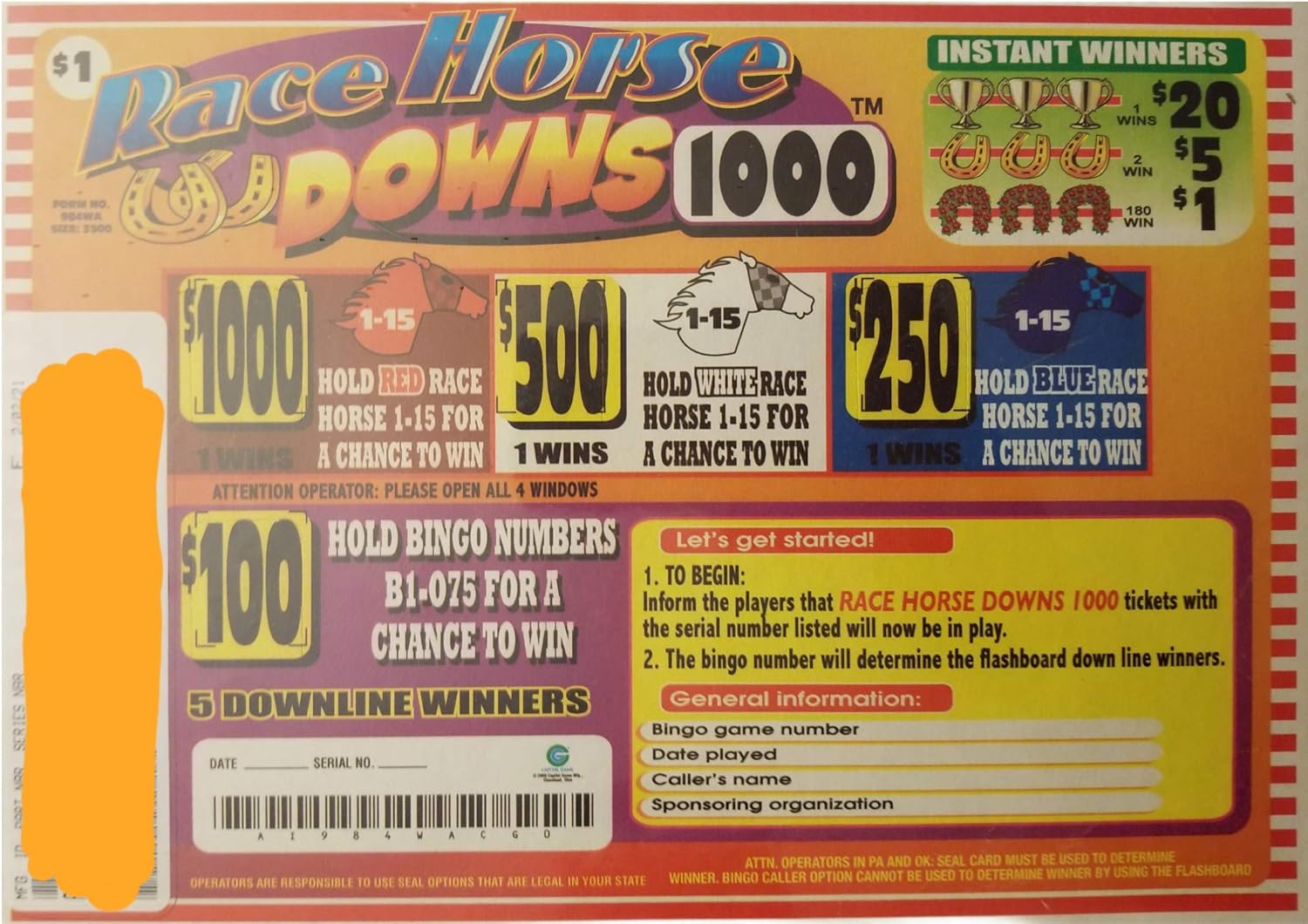 Generic Race Horse Downs 1000 Bingo Pull Tabs Game Toys & Games
