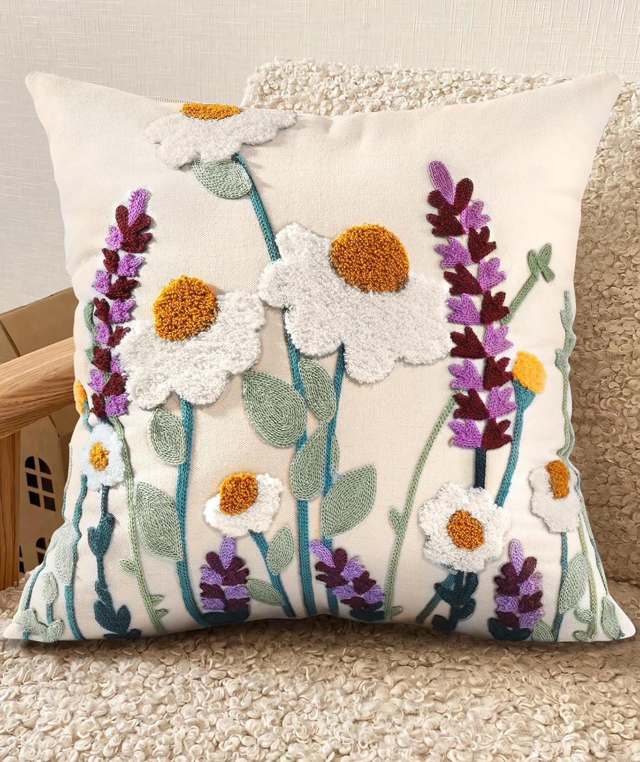 Embroidered Throw Pillow Cover - 18x18 Decorative Pillow Cover with Zipper Aesthetic Cute Design Boho Spring Summer Throw Pillowcase for Living Room Couch Sofa Bed, Wild Floral