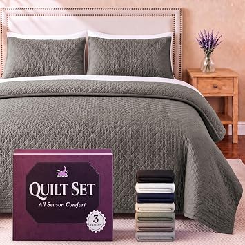 Queen Quilt Bedding Set - Cloud Soft All-Season Bedspread 3 PC w/Shams, Bed Quilt Queen Size Coverlet - Oversized, Light Weight, Ultra Durable, Easy Care - 90 x 96 in Taupe