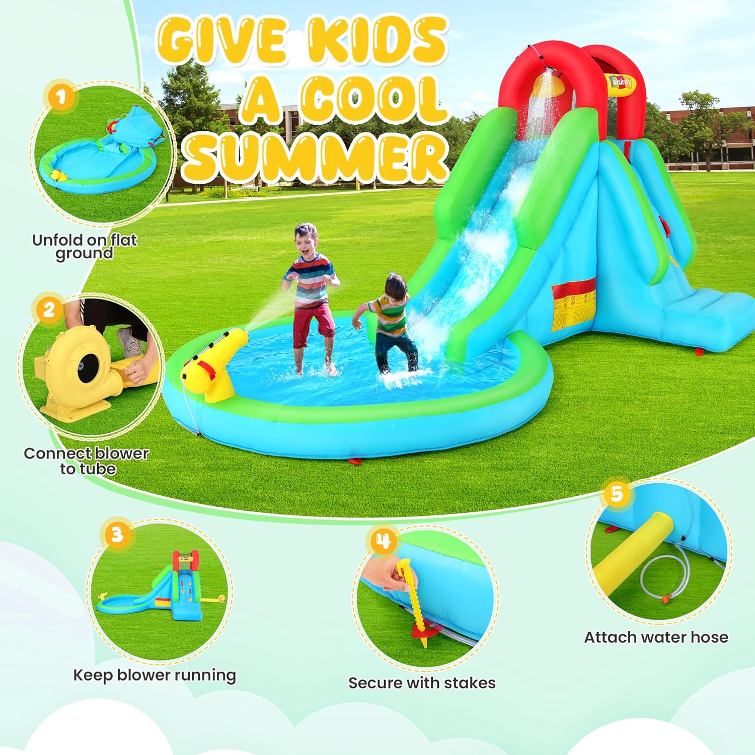 Whubefy Bounce House Inflatable Water Slidefor Kids, Water Park Bouncy Castle with Slide Pool, Blower,Repair Patches, Blow up Water Slides Inflatables for Indoor Outdoor Backyard (Splash Park)