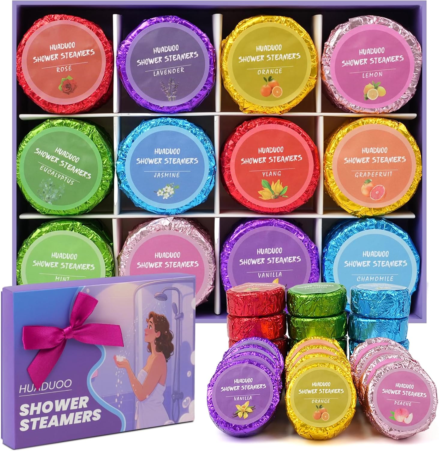 Shower Steamers Aromatherapy for Women or Men, 24 Pcs Natural Shower Bombs with Essential Oils Eucalyptus, Self Care Stress Relief and Relaxation Gifts for Teen Birthday Christmas Travel Essentials