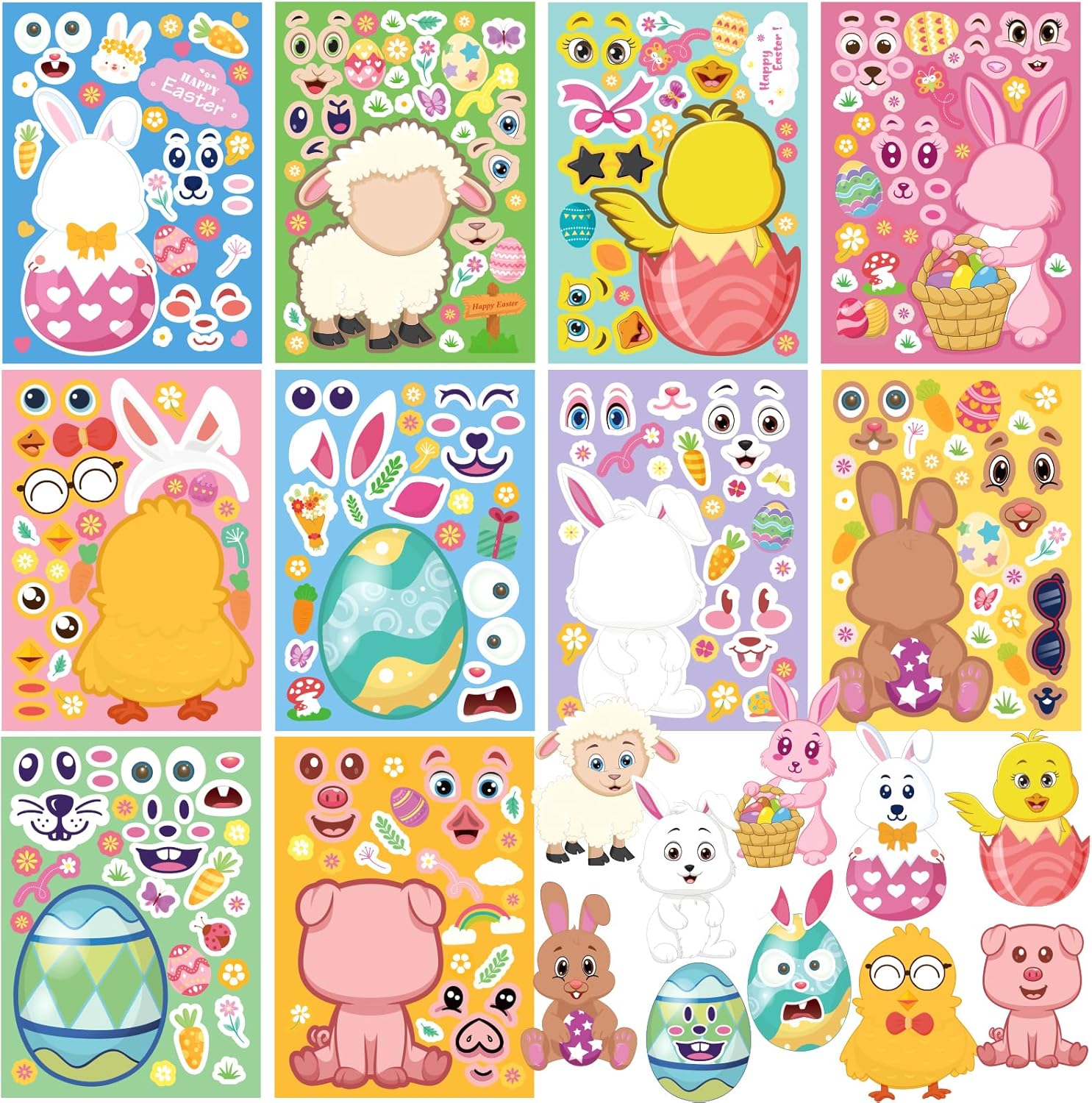 50 Sheets Easter Stickers For Kids, Make Your Own Bunny Stickers For Toddlers, Easter Basket Stuffers Easter Gifts for Kids, Easter Crafts With 4 Tattoos For Easter Game Activities Easter Party Favors