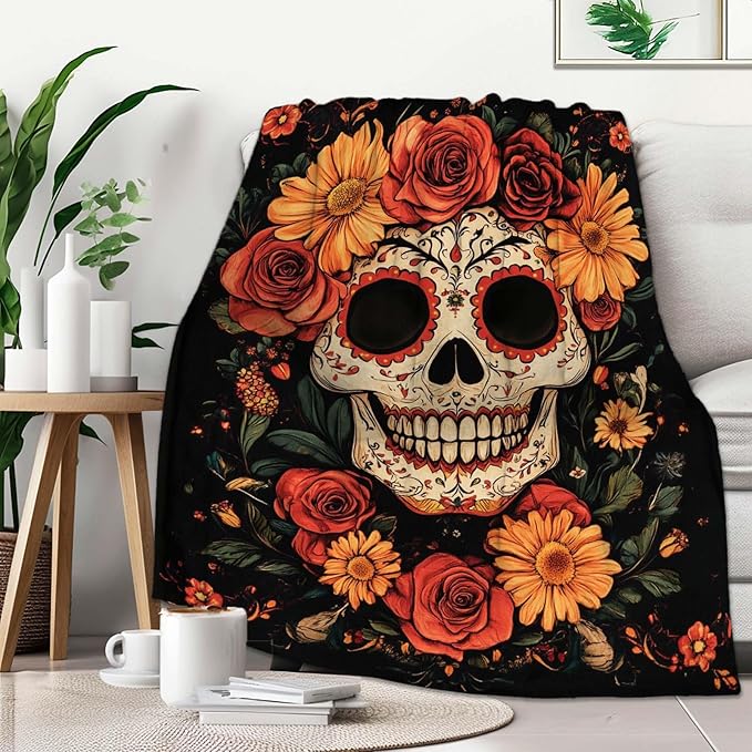 FexNuvko Sugar Skull Throw Blanket, Sugar Skull Gifts for Women, Day of The Dead Blanket, Soft Cozy Mexican Lightweight Fleece for Couch and Bed Room Decor, 40x50 Inches, 310 GSM, Single Side Printed