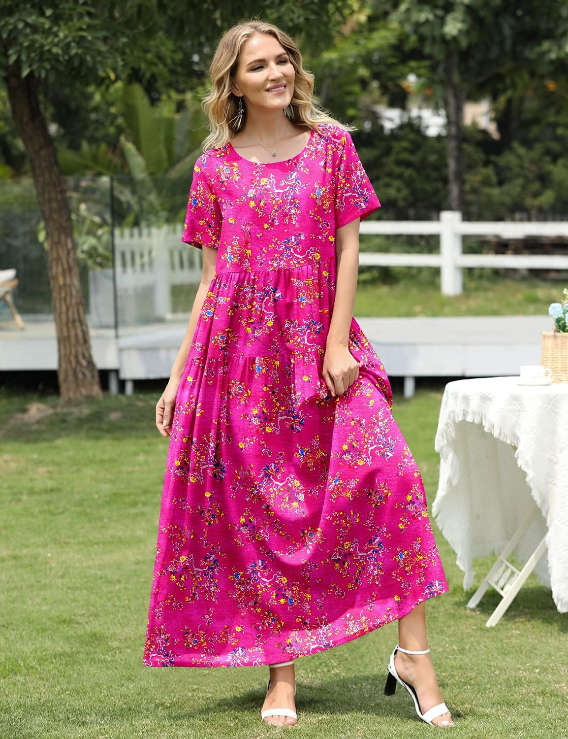 YESNO Women Casual Loose Bohemian Floral Dress with Pockets Short Sleeve Long Maxi Summer Beach Swing Dress EJF thumbnail