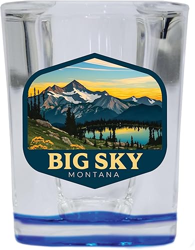 Big Sky Montana Mountain and Lake Design Souvenir - Vaso de chupito cuadrado de 2.5 onzas, base azul, individual