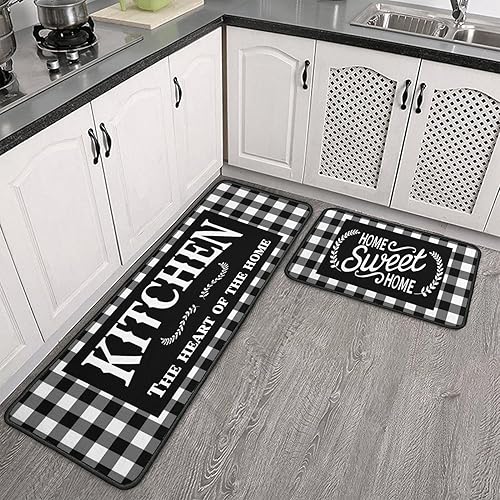 Haretu Framhouse - Juego de 2 alfombras y tapetes de cocina, a cuadros blancos y negros, antideslizantes, para decoración de cocina del hogar, 17 x