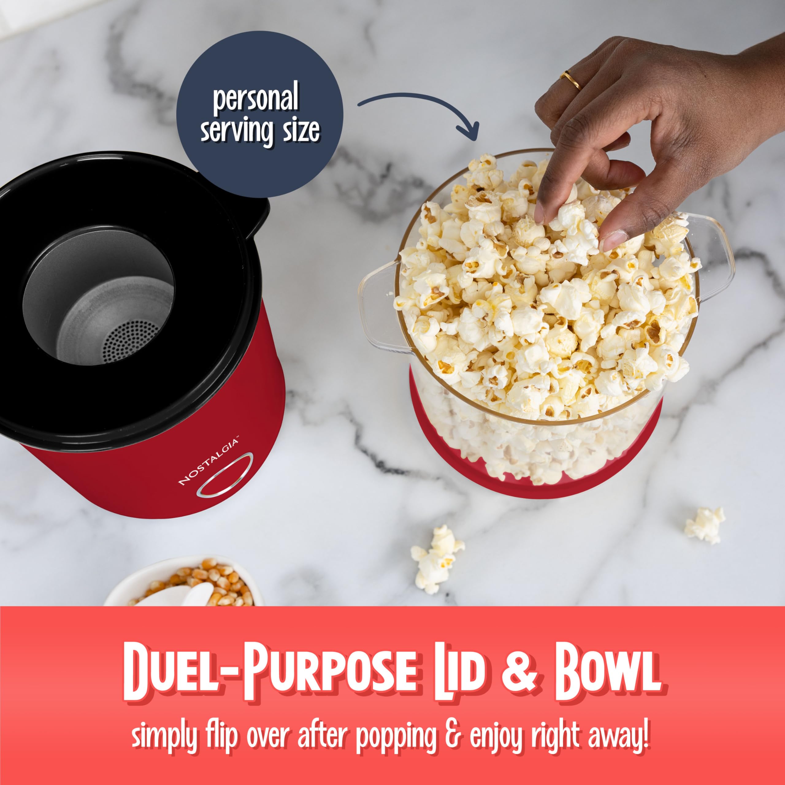 Nostalgia Máquina de palomitas de maíz de aire caliente con 8 tazas, tazón y tapa 2 en 1, taza dosificadora de 56 ml, pop maíz exento de aceite para noche de cine, aperitivos, fiestas de cumpleaños y