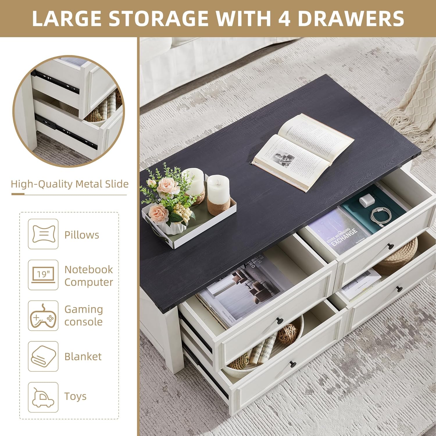 48”Farmhouse Coffee Table with 4 Large Storage Drawers, Modern Center Table with Barn Door for Living Room, Office, Rustic Rectangle Cocktail Table, Wood, White : Home & Kitchen