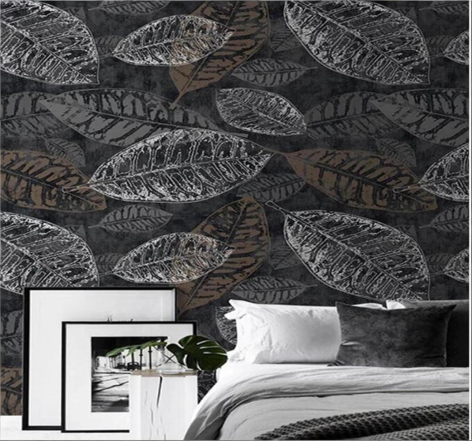 Xlming 300Cm×210Cm(B×H) Vintage Hand Drawn Grey Plants Leaves 3D Wallpaper Luxury Silk Study Dining Feature Sofa Grey Bedroom Living Room Tv Decorative Wall-300Cm×210Cm