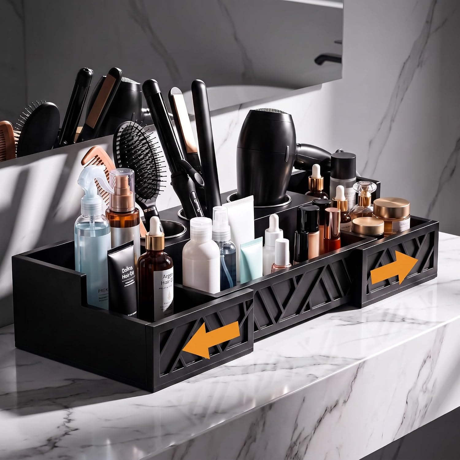 Gerrii Extendable Hair Tool Organizer, Woodern Bathroom Countertop, Vanity Organizer Blow Dryer Holder, Bathroom Countertop, Vanity Caddy Storage Stand for Accessories, Makeup, Toiletries