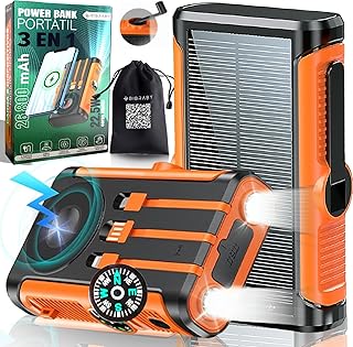 Super Power Bank Solar Wireless 3 in 1 da 26800 mAh + manovella per ricarica di emergenza + 5 porte di ricarica rapida 22,5 W | caricatore solare | caricatore portatile | batteria solare