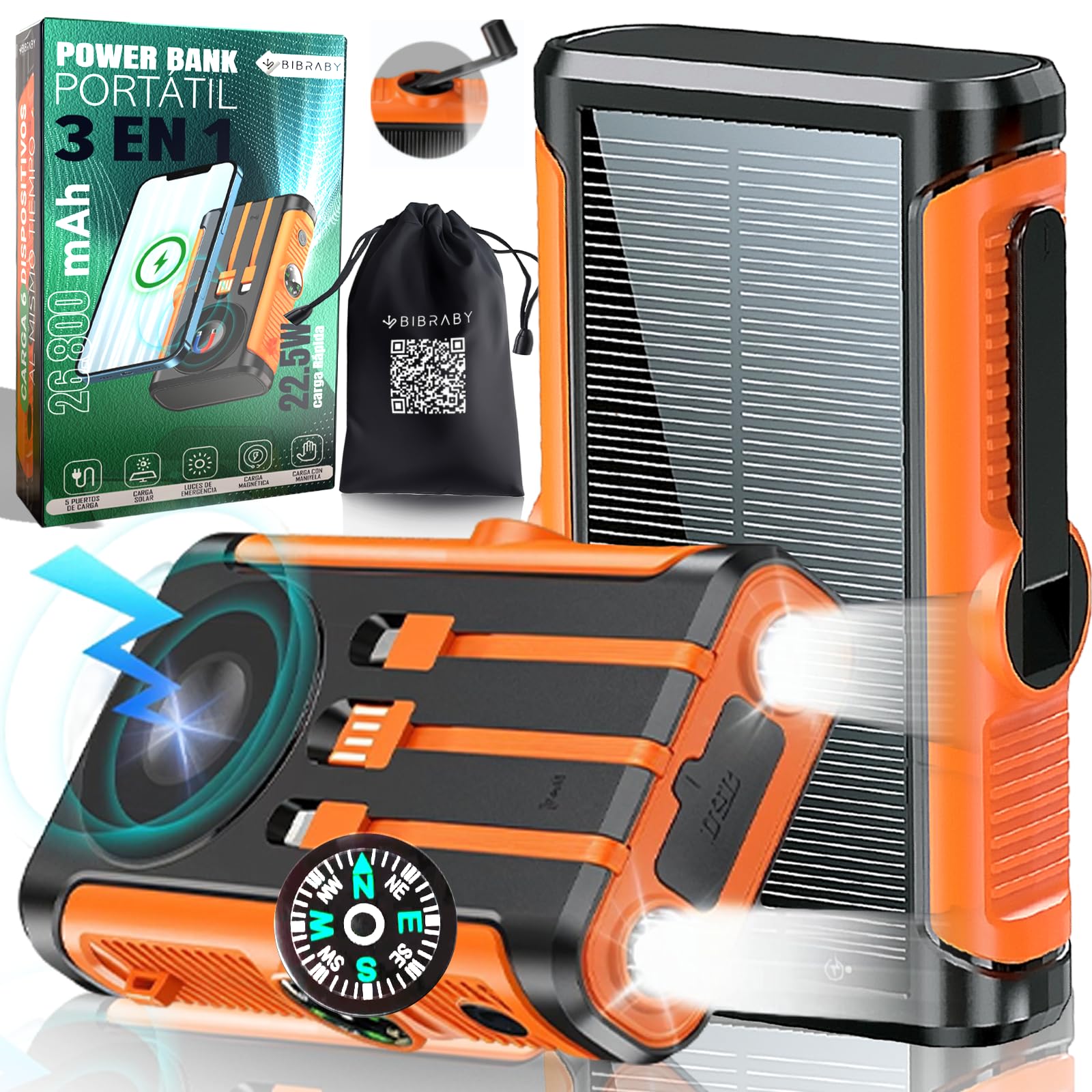 Super Power Bank solaire sans fil 3 en 1 de 26 800 mAh + manivelle pour recharge d'urgence + 5 ports de charge rapide 22,5 W Chargeur solaire portable Batterie solaire portable