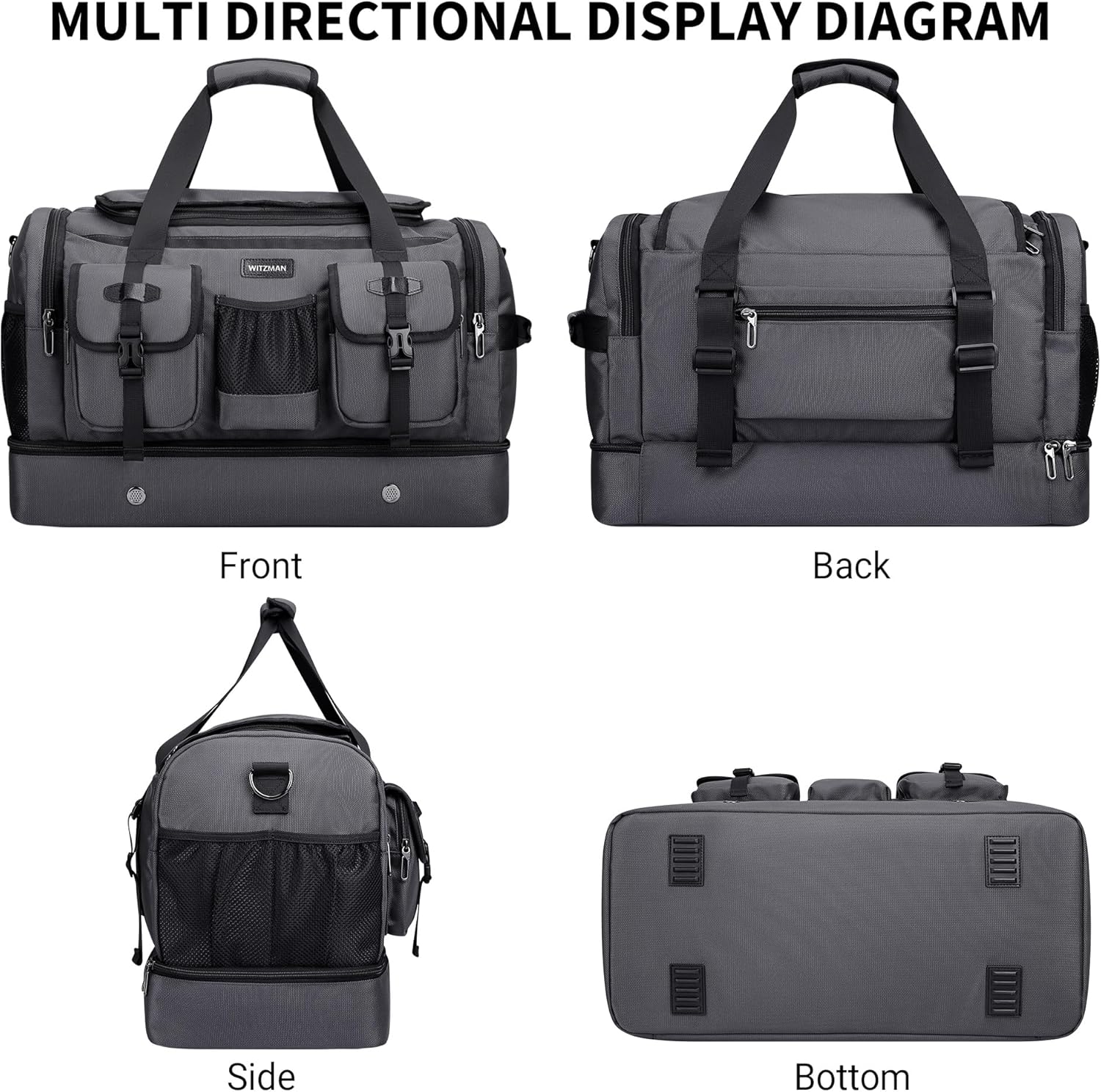 WITZMAN Duffle Bag for Men Large Carry On Travel Mens Weekender Overnight Bags with Shoes Compartment for Sports Gym(B723 Silvery Grey) - Image 8