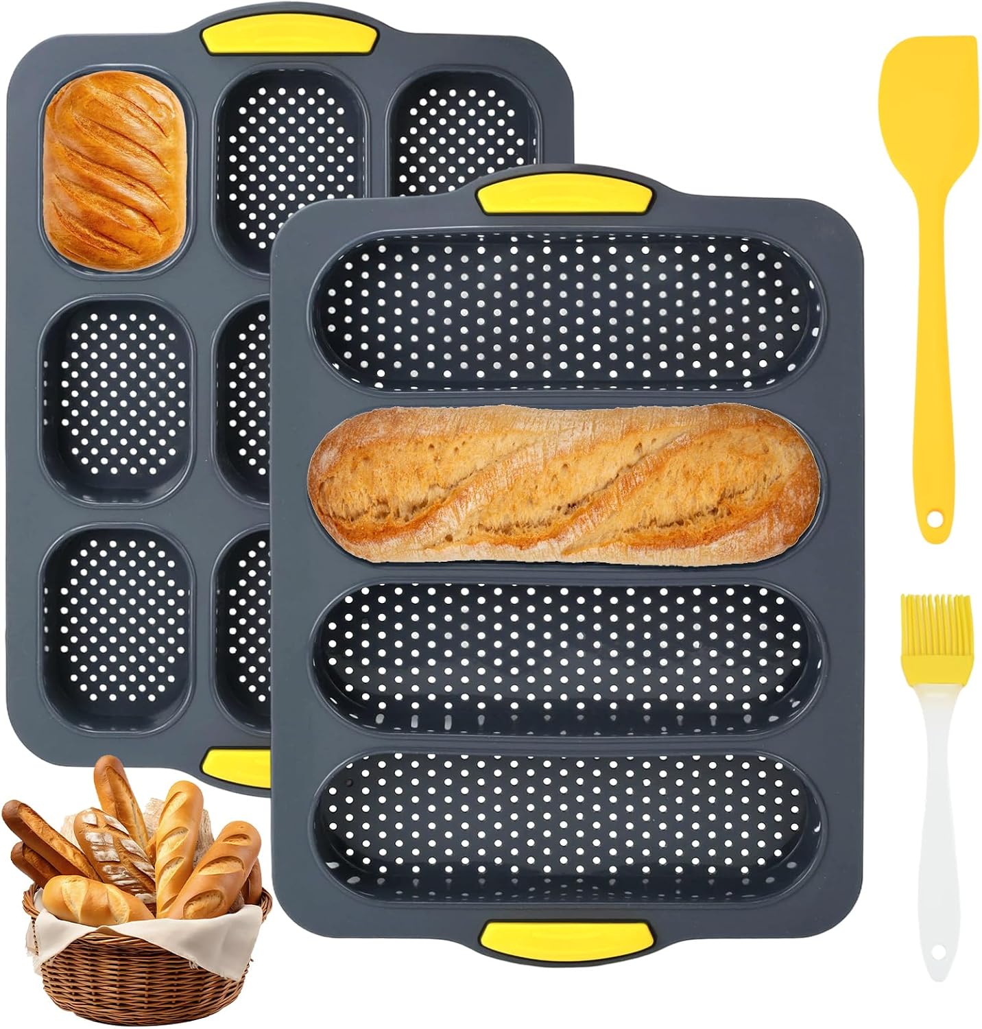 4PCS Silicone Baguette Hotdog Pan Set, Includes Scraper & Brush