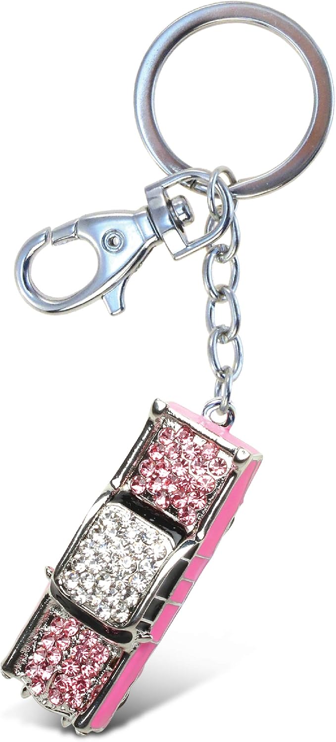 Aqua79 3D Pink Classic Car Keychain - Sparkly Silver Bag Charm with Clasp
