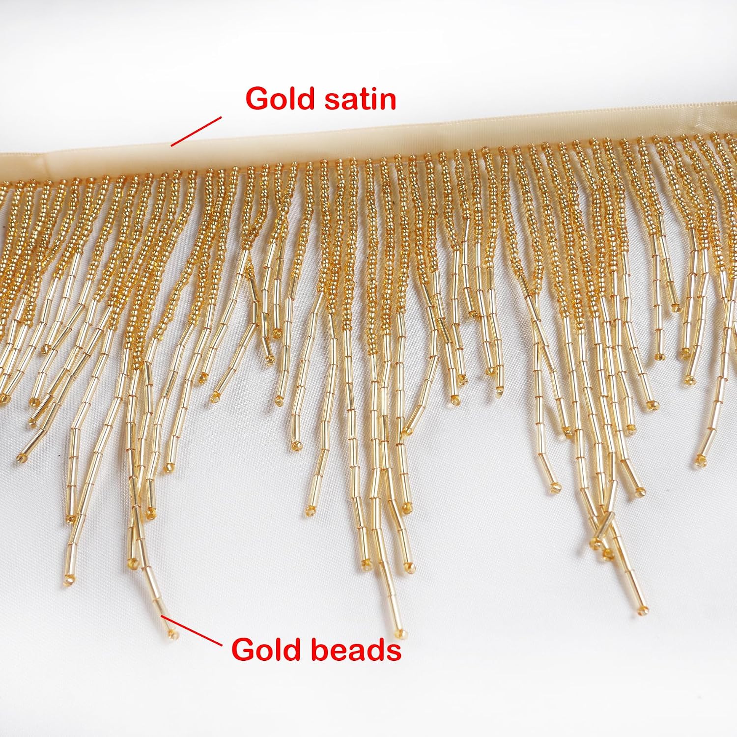 1meter/39inches Long 4.3inches Wide Gols Beads Fringe Trim Beads Fringe Belt Glass Beaded Wavy Water Shape Fringe Trim Ribbon Tassel Chain for Clothing Accessories DIY Decoration