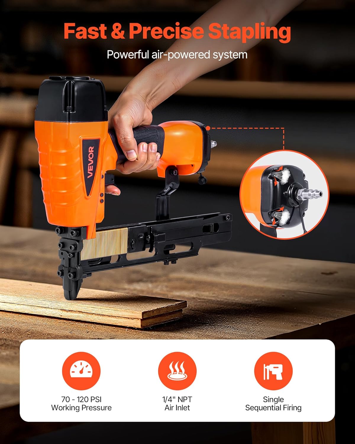 VEVOR Pneumatic Staple Gun, 16 Gauge 7/16-inch Medium Crown Pneumatic Stapler 1" to 2" Length, 70-120PSI Heavy Duty Air-Powered Staple Gun for Roof Decking, Wall Sheathing, Fencing and Subflooring