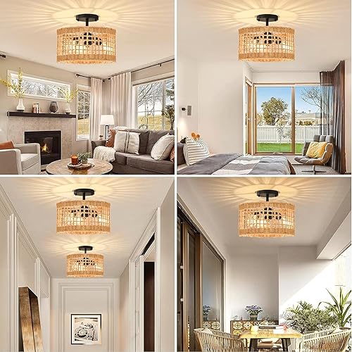 Miniatura 7 de Lámpara de techo de ratán, estilo bohemio, semiempotrada, 3 luces, lámpara de techo con pantalla de mimbre tejido, lámpara de techo rústica para