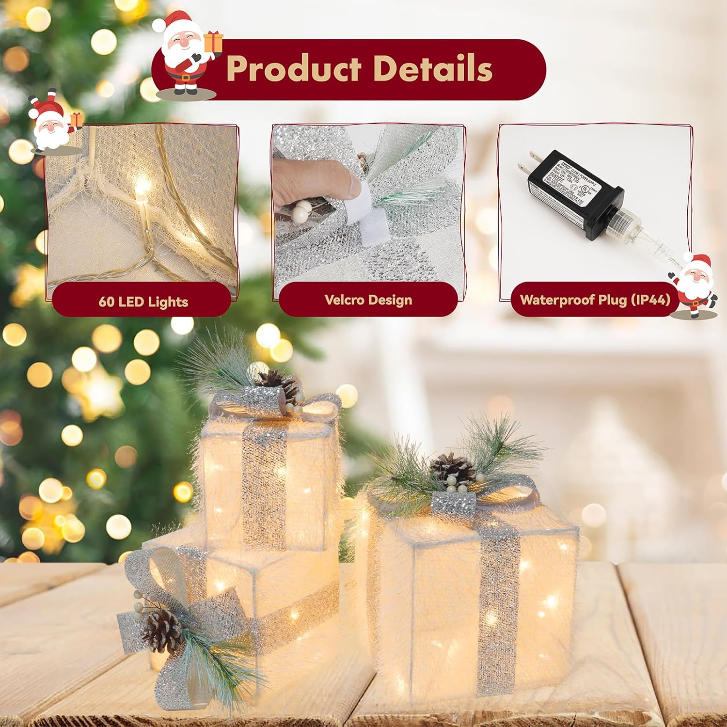 Set of 3 Christmas Lighted Gift Boxes with 60 LED Lights, Plug-in Holiday Decorations for Xmas Tree, Home, Indoor Outdoor Décor(Silver)