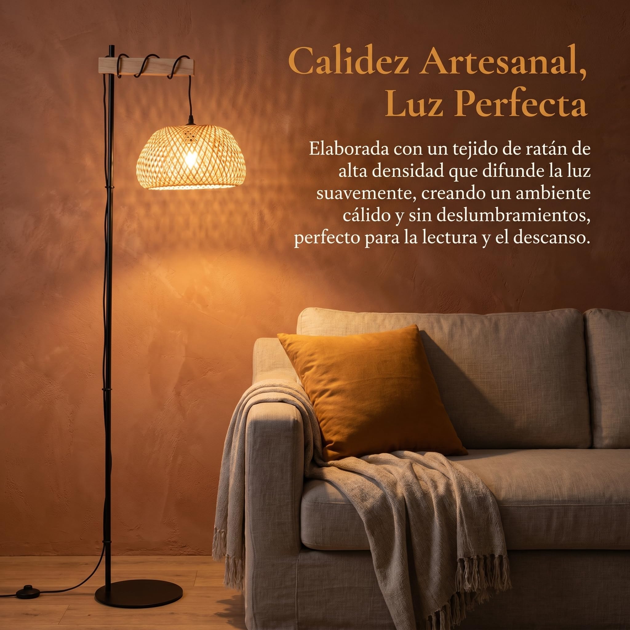 BARCELONA LED Lámpara De Pie Grande De Bambú Y Mimbre Estilo Natural Isla Boho Con Base Negra Metálica Pantalla Artesanal Lámpara Alta Decorativa Rústica Moderna E27 Para Interior Salón